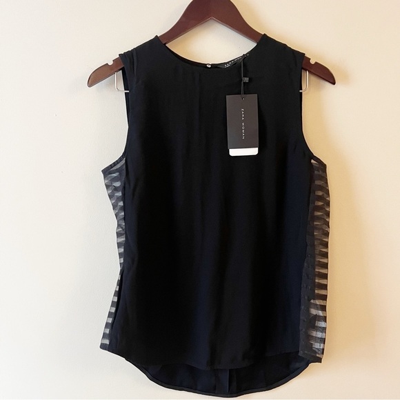 Zara Black Tank top Sheer Striped Side Panels Size Medium NEW $59 Round Neck - Picture 1 of 10